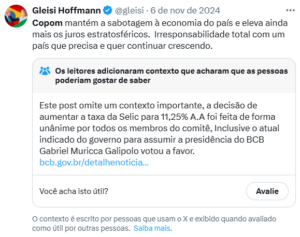 Nota da Comunidade para Gleisi Hoffmann, sobre o Copom