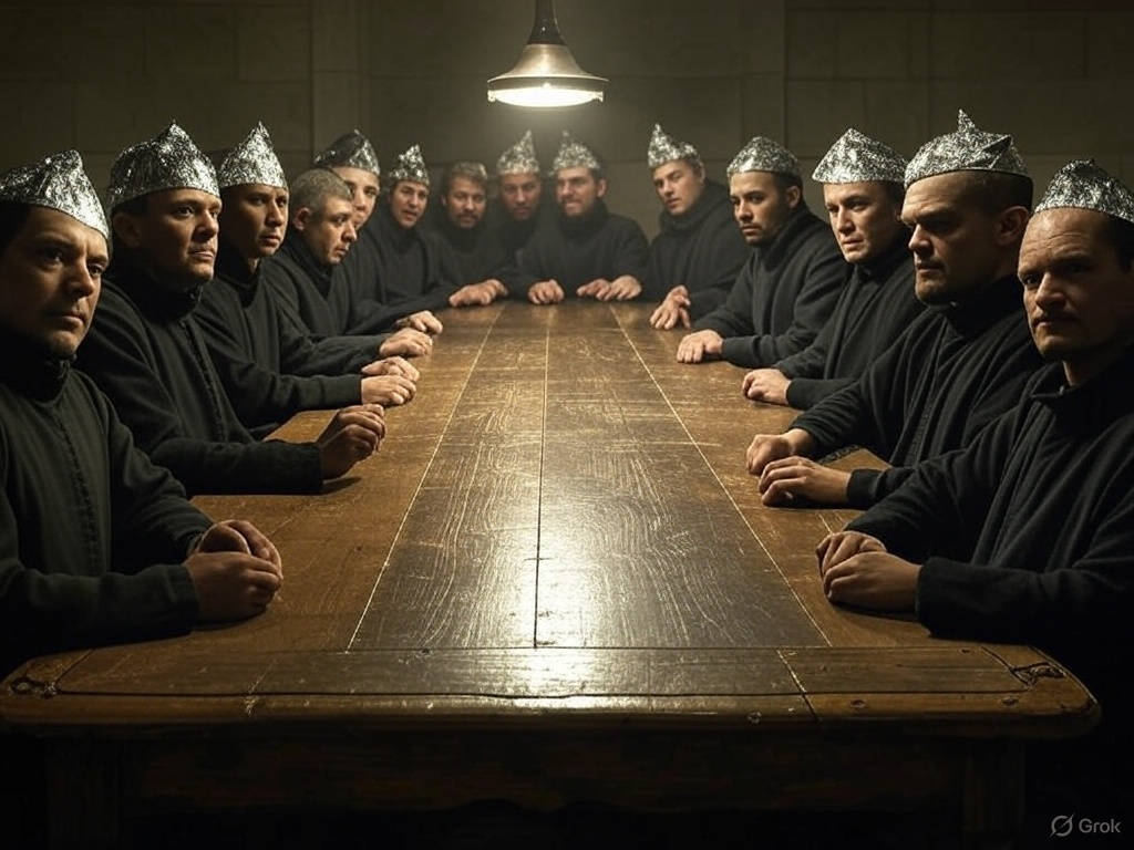 Teóricos da conspiração conspirando, imaginados pelo Grok.