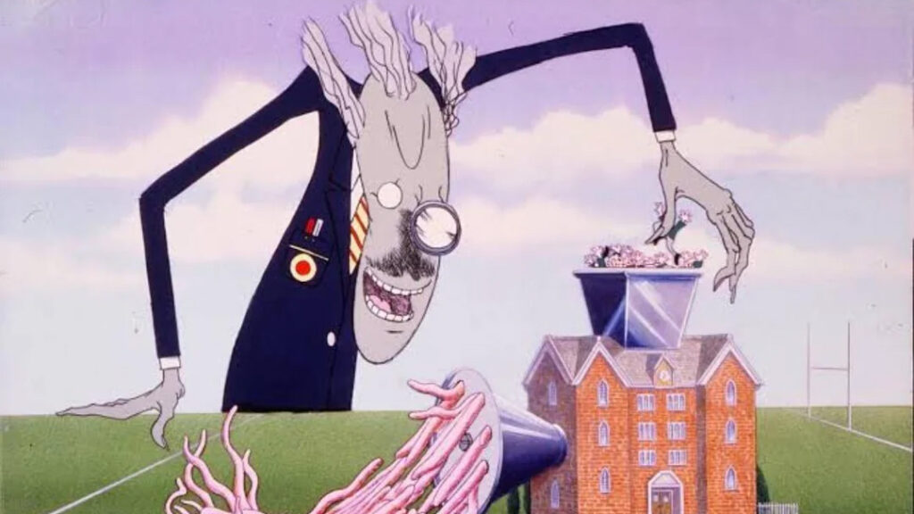 Animação do filme "Pink Floyd - The Wall" em que um professor coloca os alunos em um moedor de carne. Reprodução/MGM