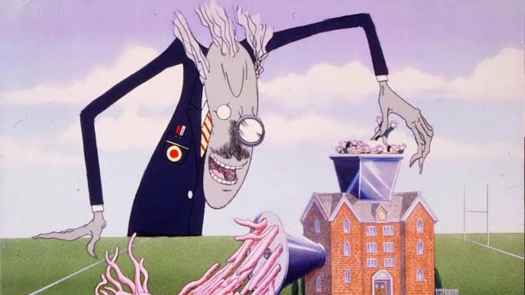 Animação do filme "Pink Floyd - The Wall" em que um professor coloca os alunos em um moedor de carne. Reprodução/MGM