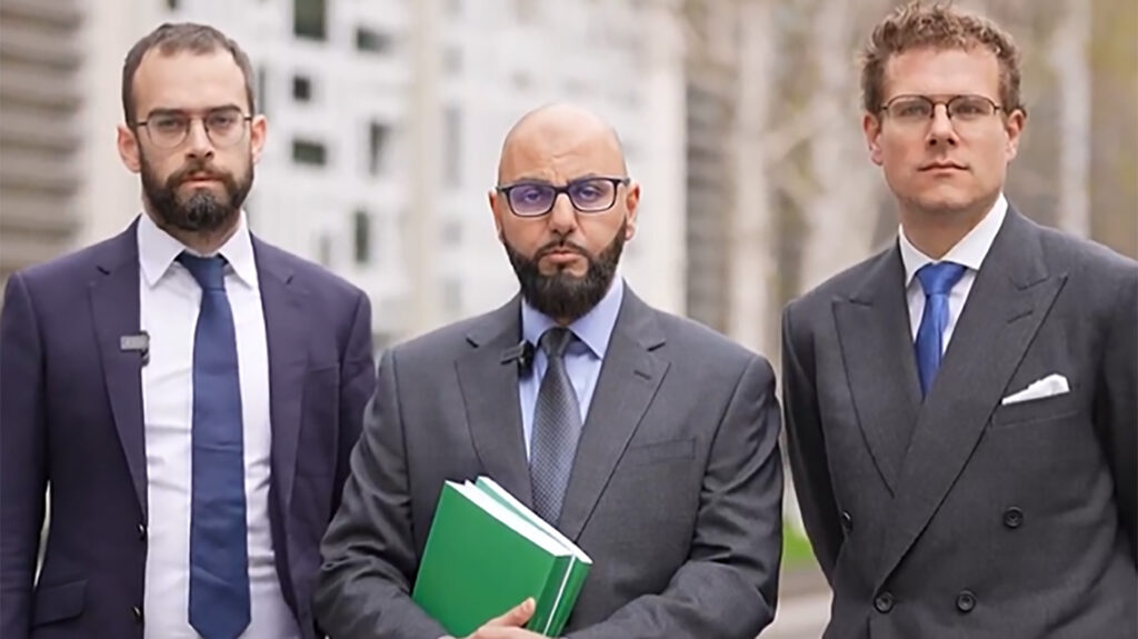 Advogados do Hamas no Reino Unido: Franck Magennis, Fahad Ansari e Daniel Grütters. Reprodução/X