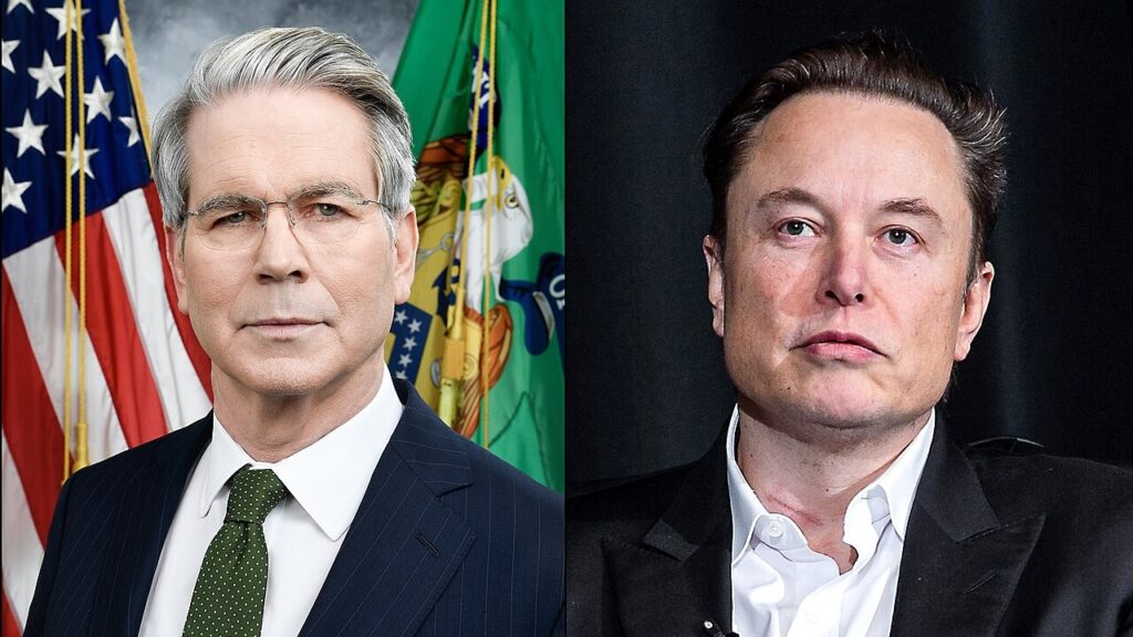 Scott Bessent, secretário do Tesouro dos EUA; e Elon Musk, chefe do DOGE.