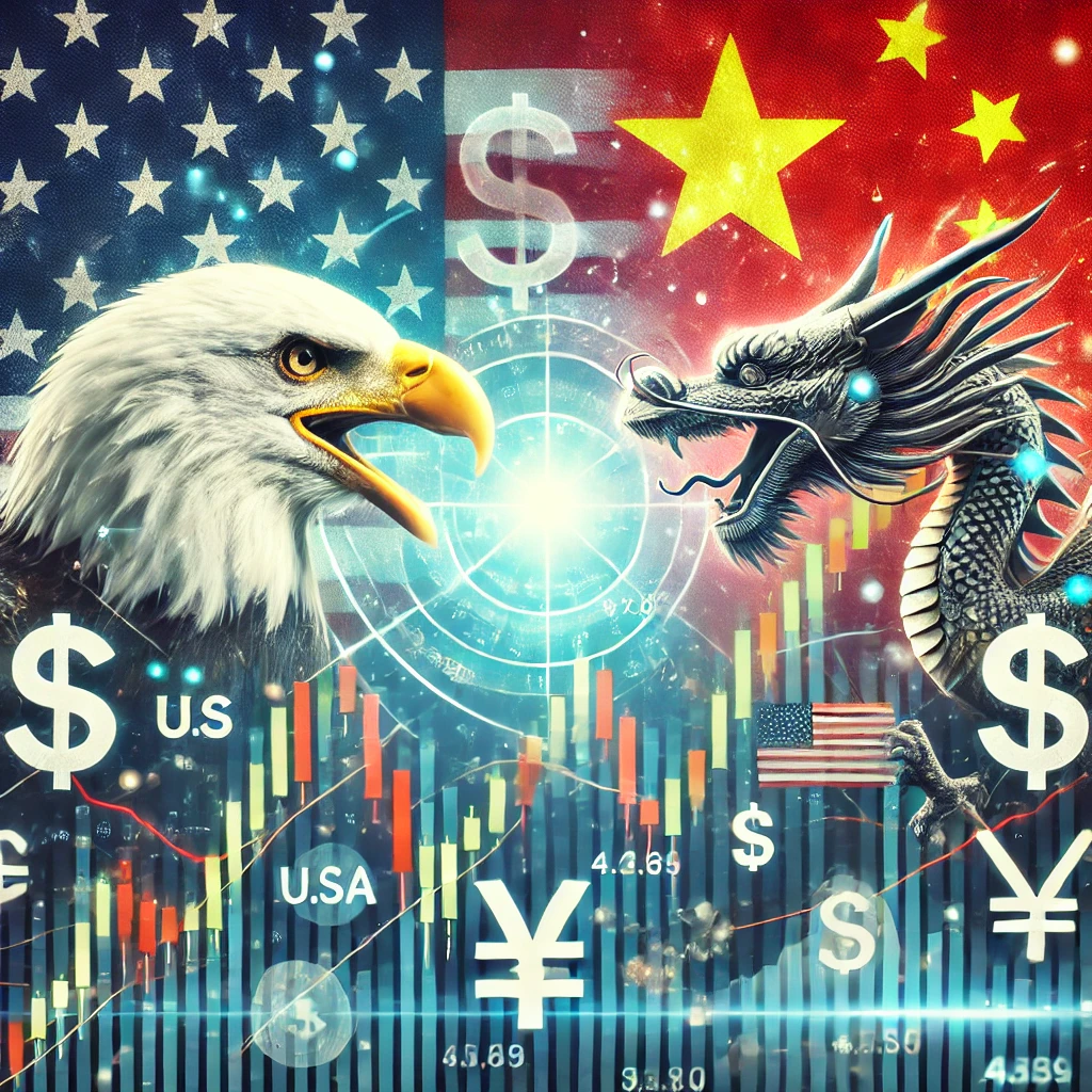 Ilustração da guerra tarifária entre EUA e China com águia americana e dragão chinês diante de gráfico financeiro