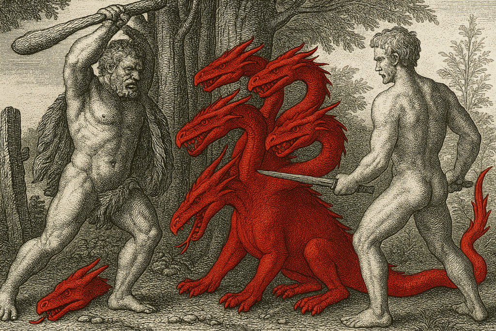Hércules matando a Hidra: reinterpretação feita com IA da gravura de Hans Sebald Beham, 1545.