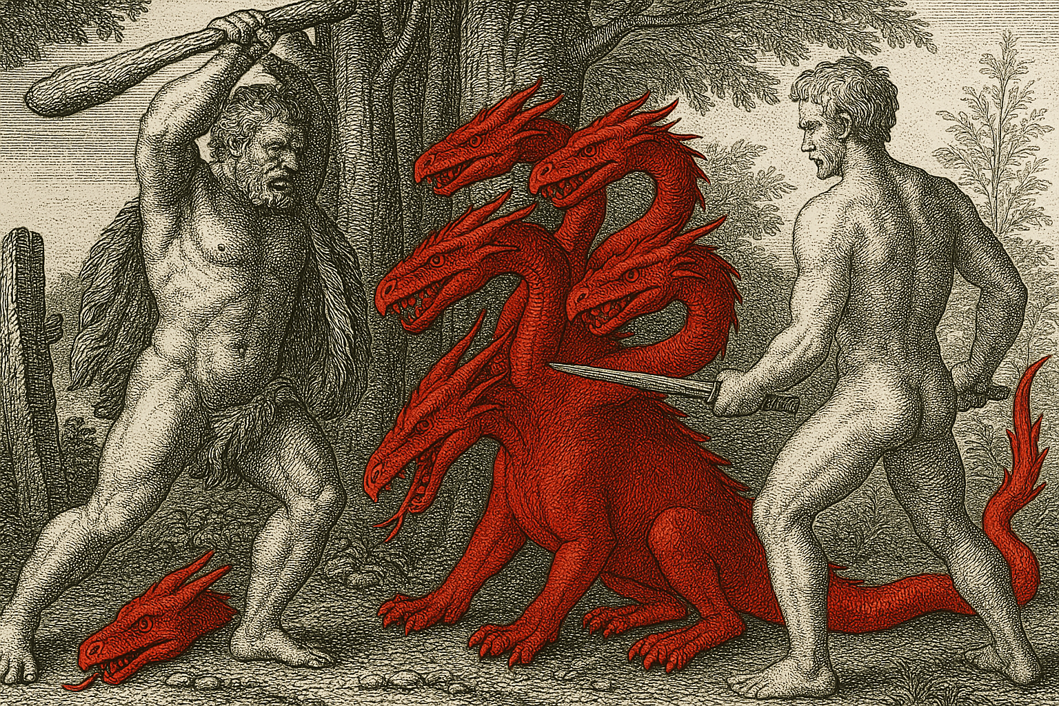 Hércules matando a Hidra: reinterpretação feita com IA da gravura de Hans Sebald Beham, 1545.