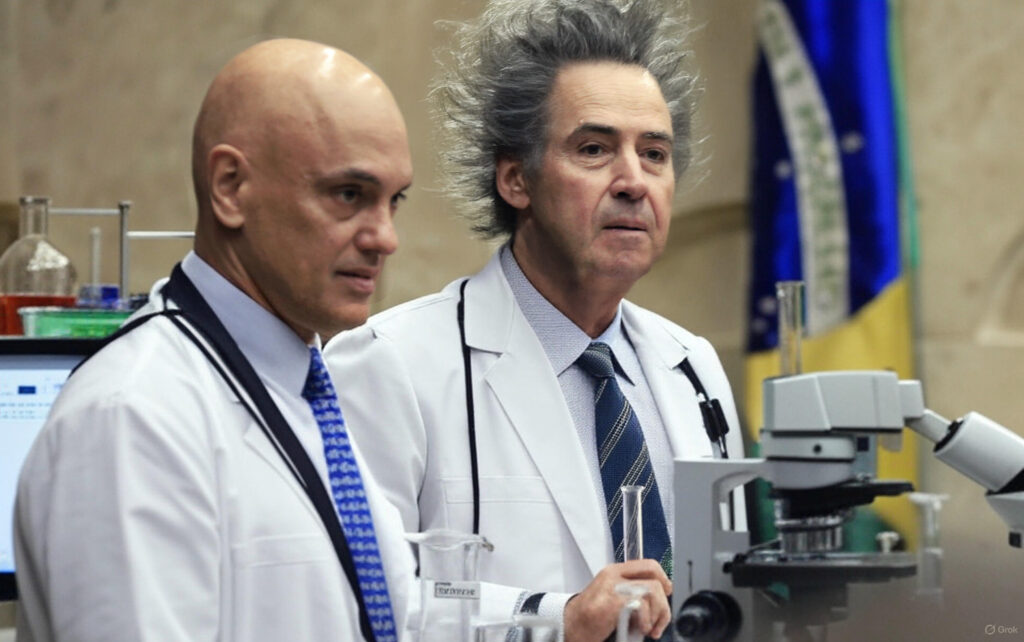 "Cientistas" do STF: Alexandre de Moraes e Luís Roberto Barroso. Foto: modificada de Nelson Jr./STF.