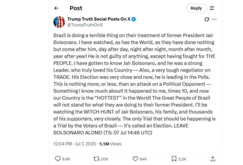 O presidente dos Estados Unidos, Donald Trump, defendeu o ex-presidente Jair Bolsonaro (PL) nas redes sociais e disse que Bolsonaro é vítima de uma “caça às bruxas”. Na publicação, o republicano não menciona especificamente as ações judiciais contra Bolsonaro, mas fala em perseguição e reafirma a inocência do ex-presidente.