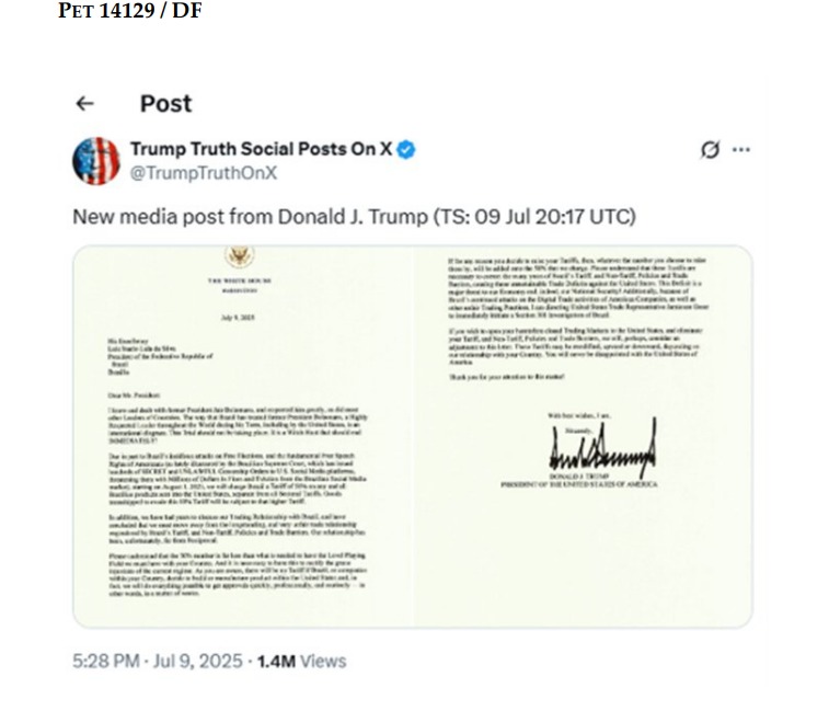Donald Trump afirmou que será imposta uma tarifa de 50% para todos os produtos do Brasil. O anúncio aconteceu em uma carta endereçada ao presidente Luiz Inácio Lula da Silva (PT) que foi postada na Truth Social. No documento, ele alerta que, se o Brasil impor tarifas em retaliação, o mesmo valor será adicionado aos 50% de taxa que ele anunciou nesta quarta.