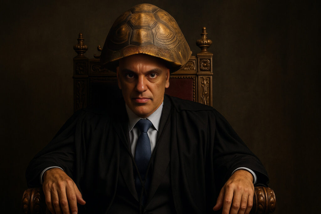 Moraes usando um casco de jabuti como capacete. Imagem gerada por IA.