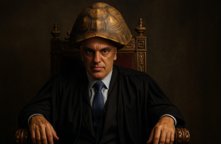 Moraes usando um casco de jabuti como capacete. Imagem gerada por IA.