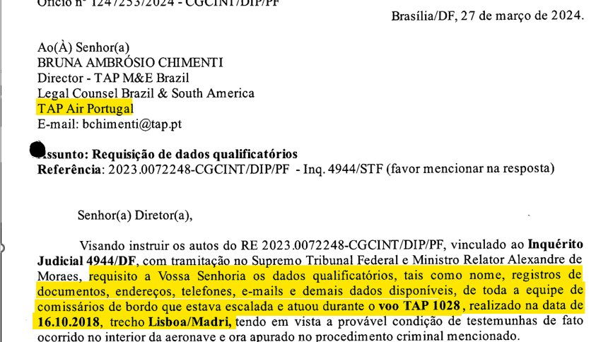 Polícia Federal requisitando dados dos comissários de bordo que trabalhavam no voo TAP 1028, no trecho LISBOA/MADRI.