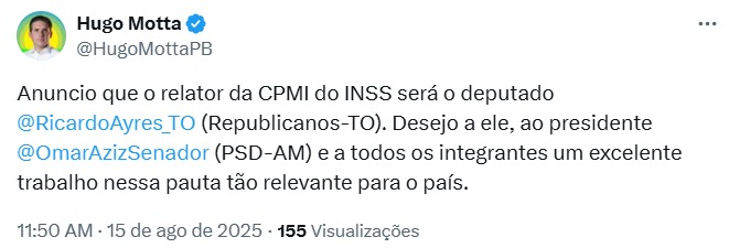 Motta divulga Ricardo Ayres para a CPMI Do INSS