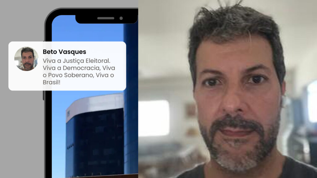 Beto Vasques, diretor de Relações institucionais do Instituto Democracia em Xeque, e mensagem que ele enviou em grupo de WhatsApp em que o instituto colaborava com a AEED-TSE. Foto: reprodução/The Conversation.