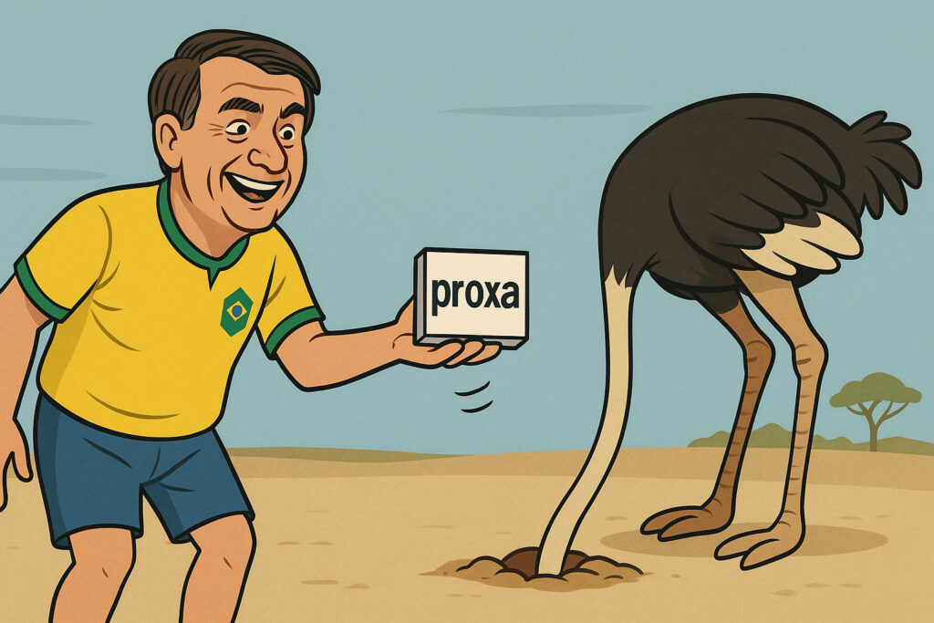 Bolsonaro oferece proxalutamida para avestruz. Ilustração gerada por IA.