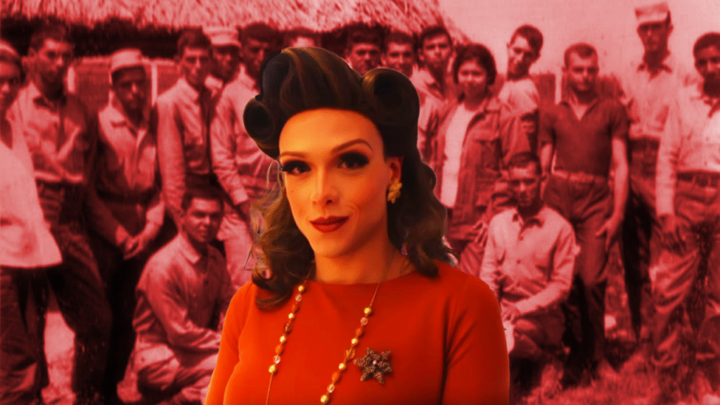 Guilherme Terreri (Rita von Hunty), à frente, e internos do campo de concentração cubano ao fundo (1967). Fotos: Reprodução/YouTube e María Elena Solé/Letras Libres.