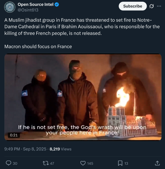 FALSO: Página compartilha vídeo mentiroso sobre ameaça de grupo islâmico a igreja de Notre Dame, na França