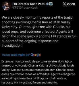 Diretor do FBI publica mensagem de apoio ao ativista Charlie Kirk