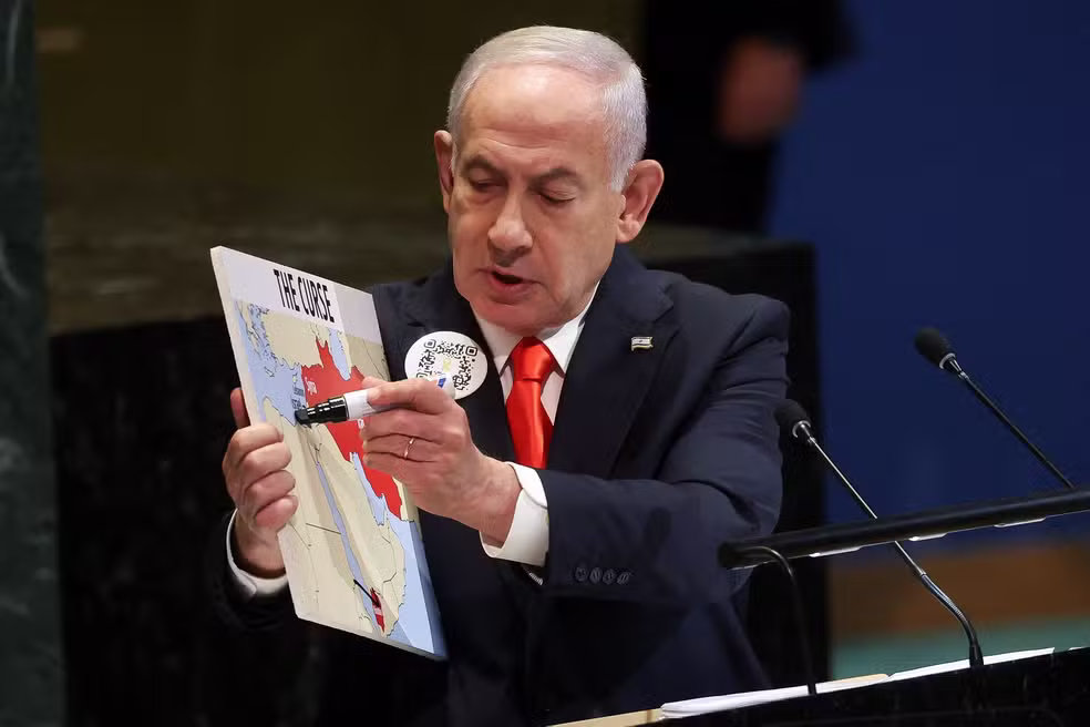 Netanyahu discursa na ONU e mostra quais áreas Israel deve ocupar