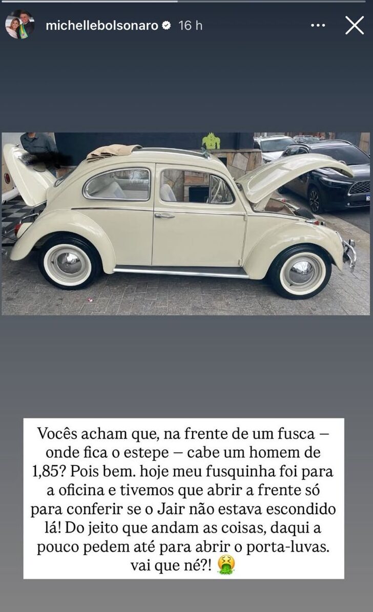 Michelle Bolsonaro disse que seu Fusca foi revistado para verificar se Jair Bolsonaro estava escondido no carro