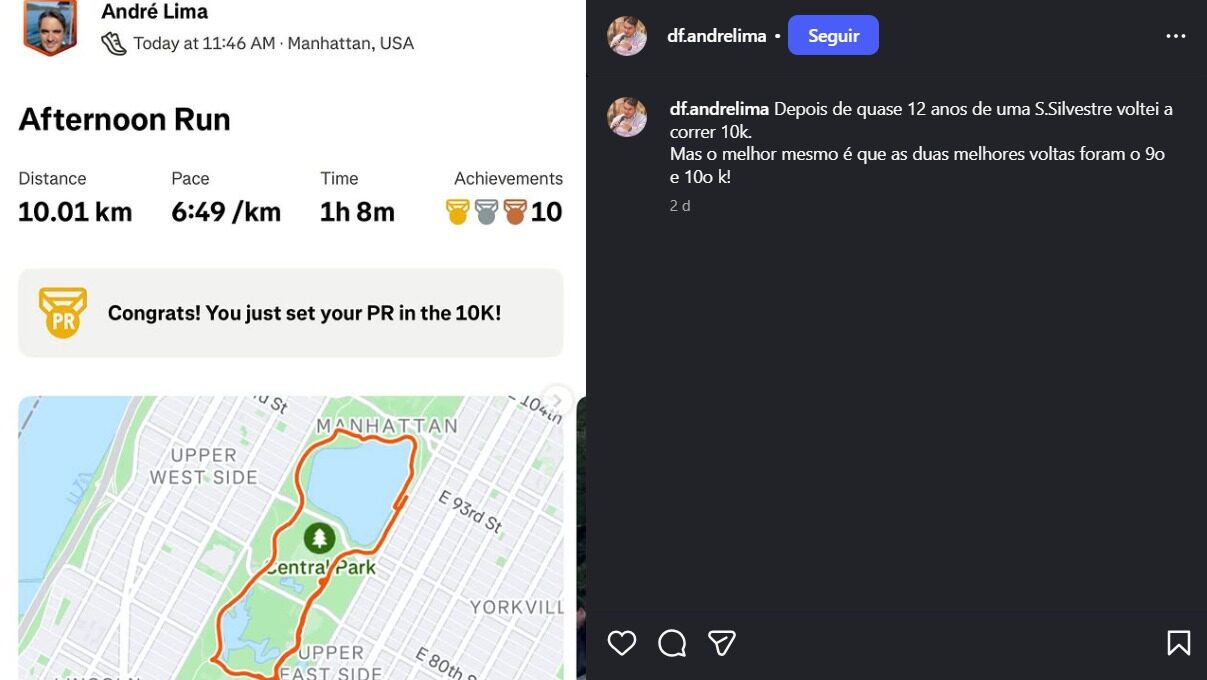 o secretário extraordinário de Controle do Desmatamento, André Rodolfo de Lima, mostrou um treino de 10 km no Central Parque