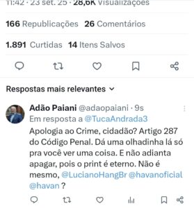 Tuca Andrada discute com seguidores sobre ataque a Havan