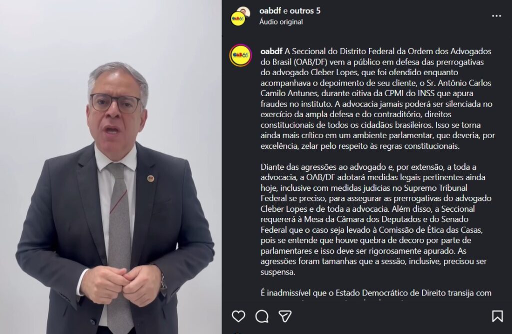 A Seccional do Distrito Federal da Ordem dos Advogados do Brasil (OAB/DF) vem a público em defesa das prerrogativas do advogado Cleber Lopes