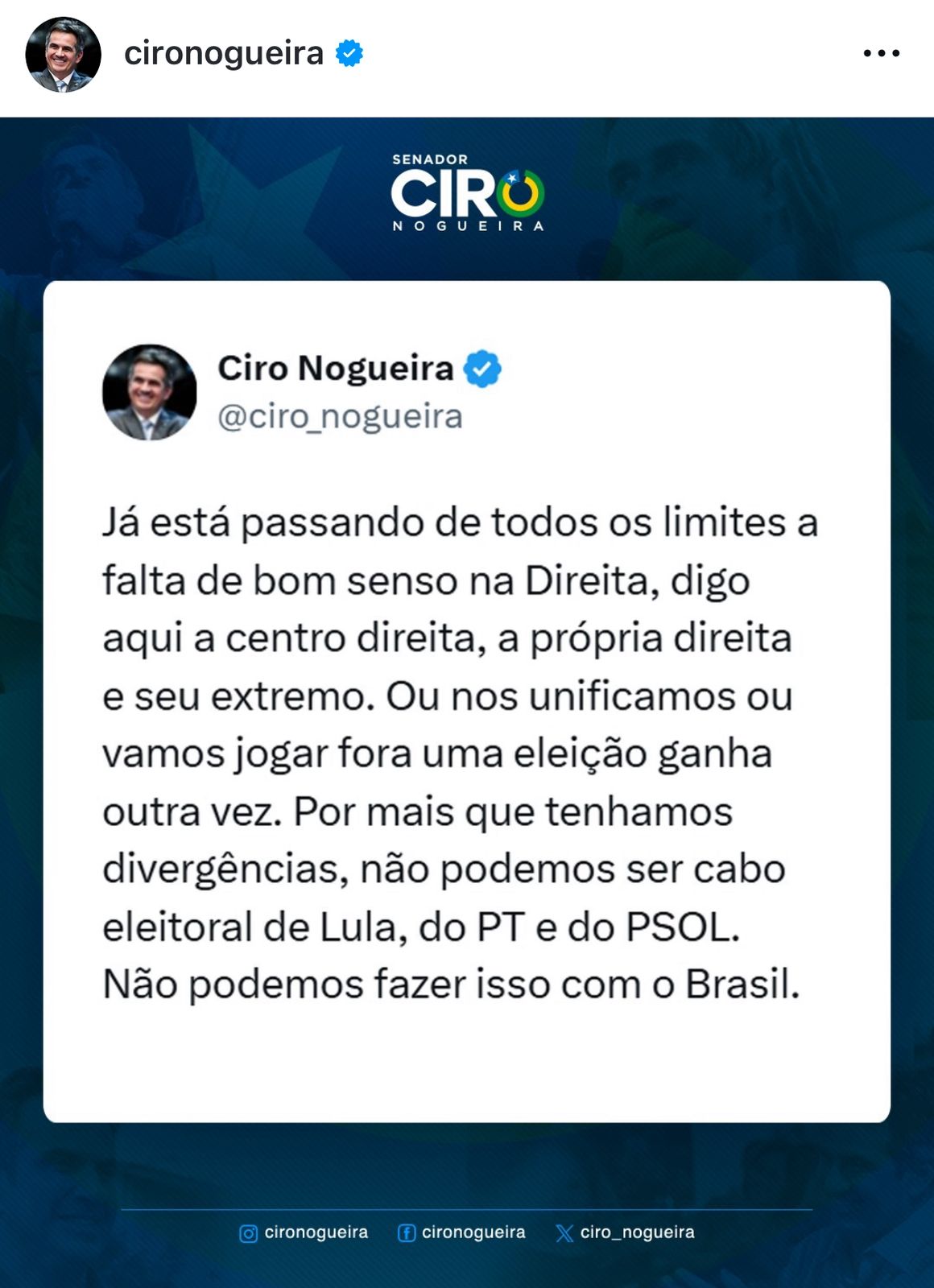 Ciro Nogueira nas redes sociais 