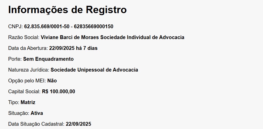 CNPJ aberto em nome de Viviane Moraes em setembro deste ano 