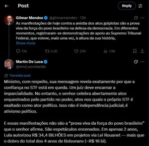 Advogado de Trump responde Gilmar Mendes no X.