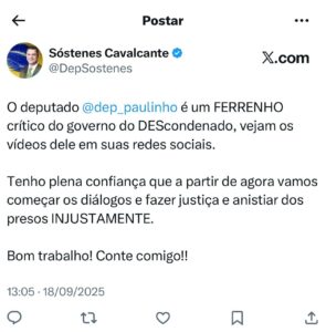 Em publicação no X, Sóstenes Cavalcante (PL-AL) afirma que Paulinho da Força é um crítico do governo Lula. Imagem: Reprodução.