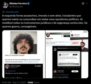 Nikolas foi ameaçado em suas redes sociais.