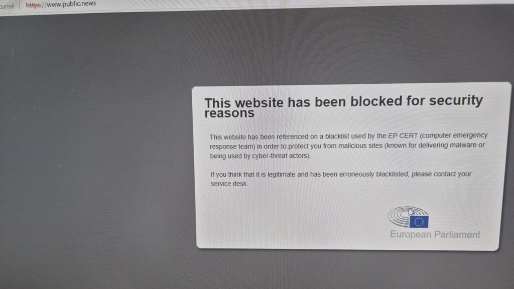 Aviso de bloqueio do site Public na rede do Parlamento Europeu. Foto: Reprodução/X