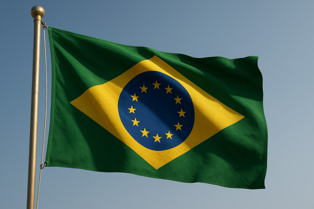 Mescla das bandeiras do Brasil e da União Europeia, feita por IA.