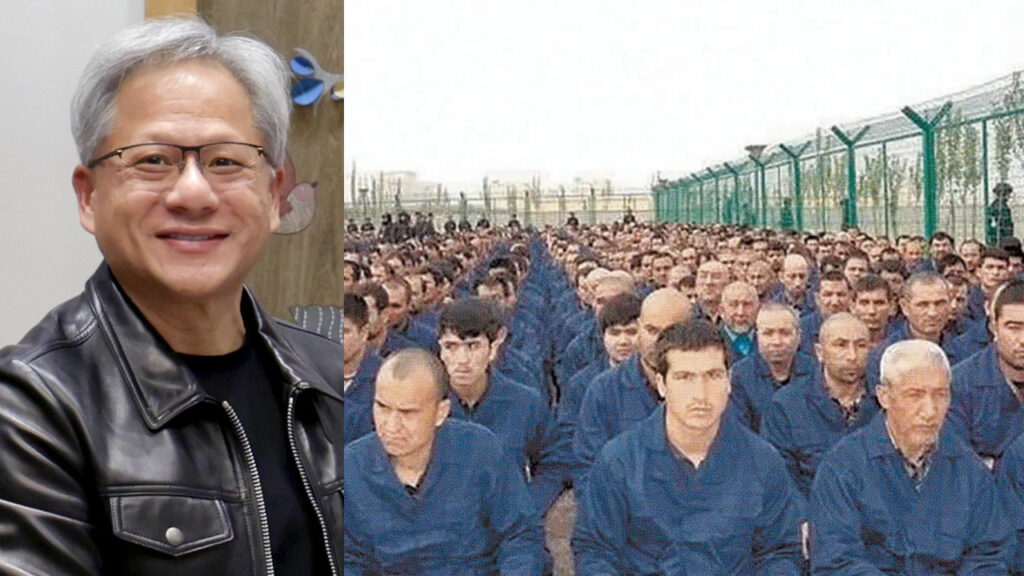 Jensen Huang, CEO da Nvidia, e uigures internos de campo de reeducação. Foto: India Press Information Bureau/Wikimedia Commons e Xinjiang Juridical Administration/WeChat.