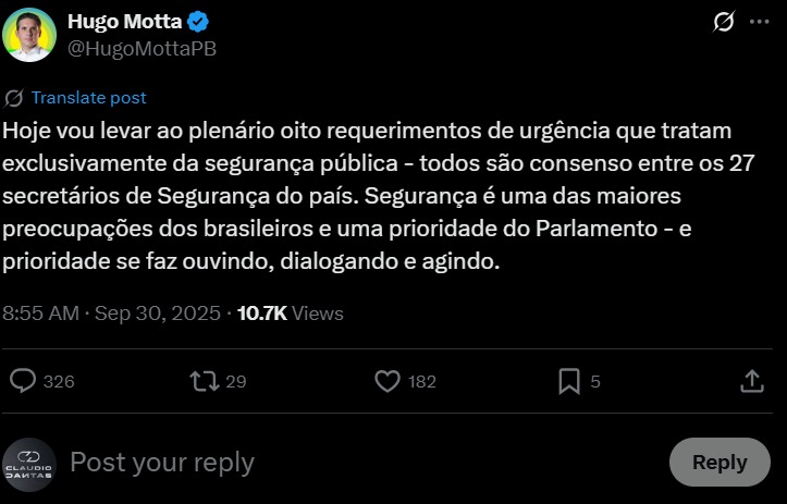 Motta publicou no X que pautará oito requerimentos de urgência que tratam exclusivamente da segurança pública
