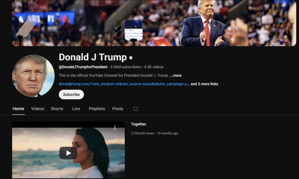 Canal de Donald Trump no Youtube. Foto: Reprodução