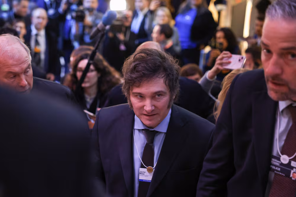 Javier Milei, en el Foro Económico de Davos (Suiza), el pasado 17 de diciembre. Hollie Adams (Bloomberg)