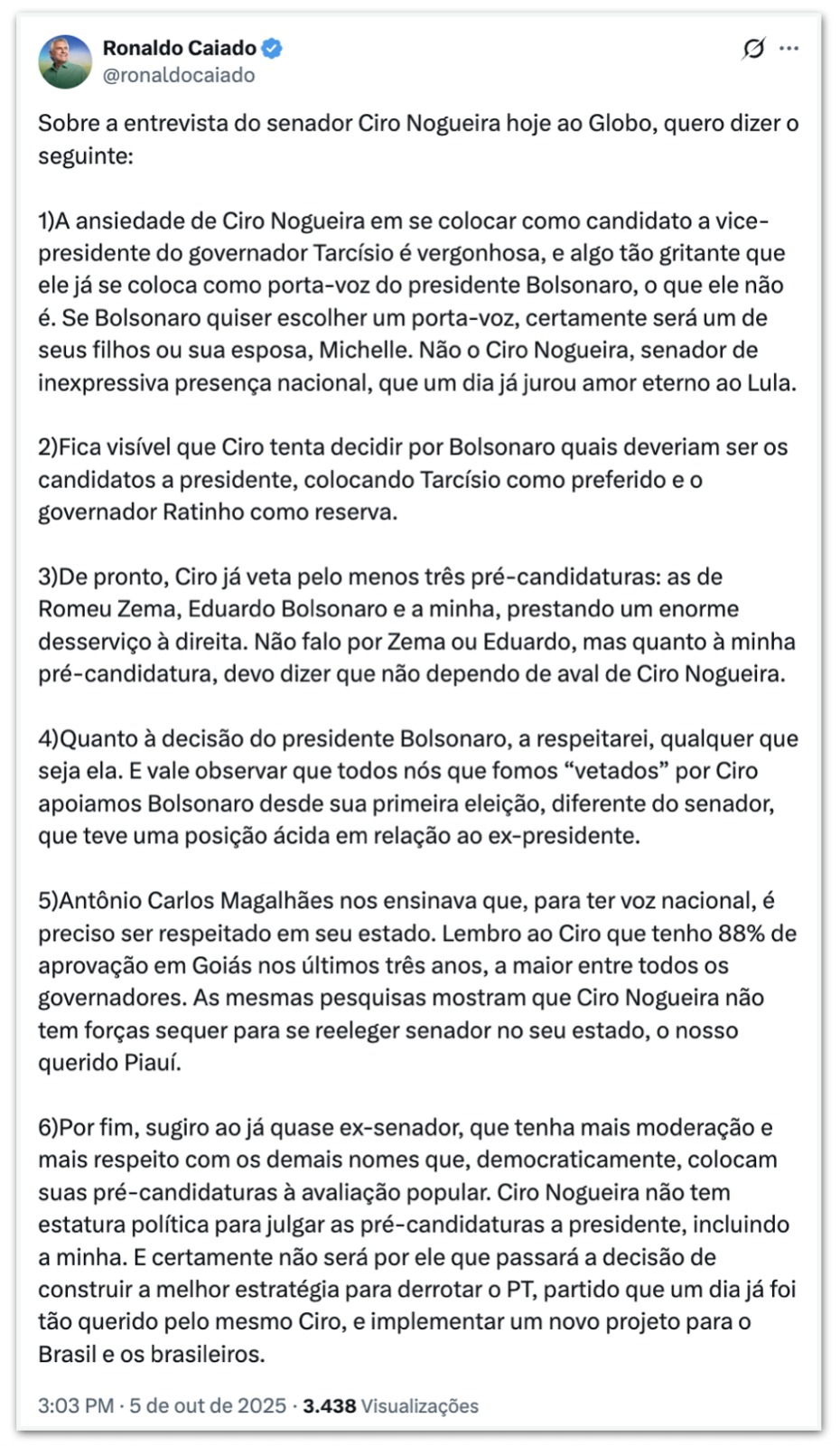 Ciro Nogueira e Caiado protagonizam troca de críticas que evidencia a preocupação da Direita por liderança frente ao fracasso de Lula