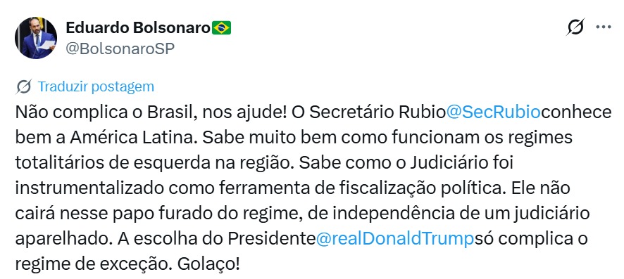 Eduardo Bolsonaro se pronuncia diante da ligação de Donald Trump para o presidente Lula