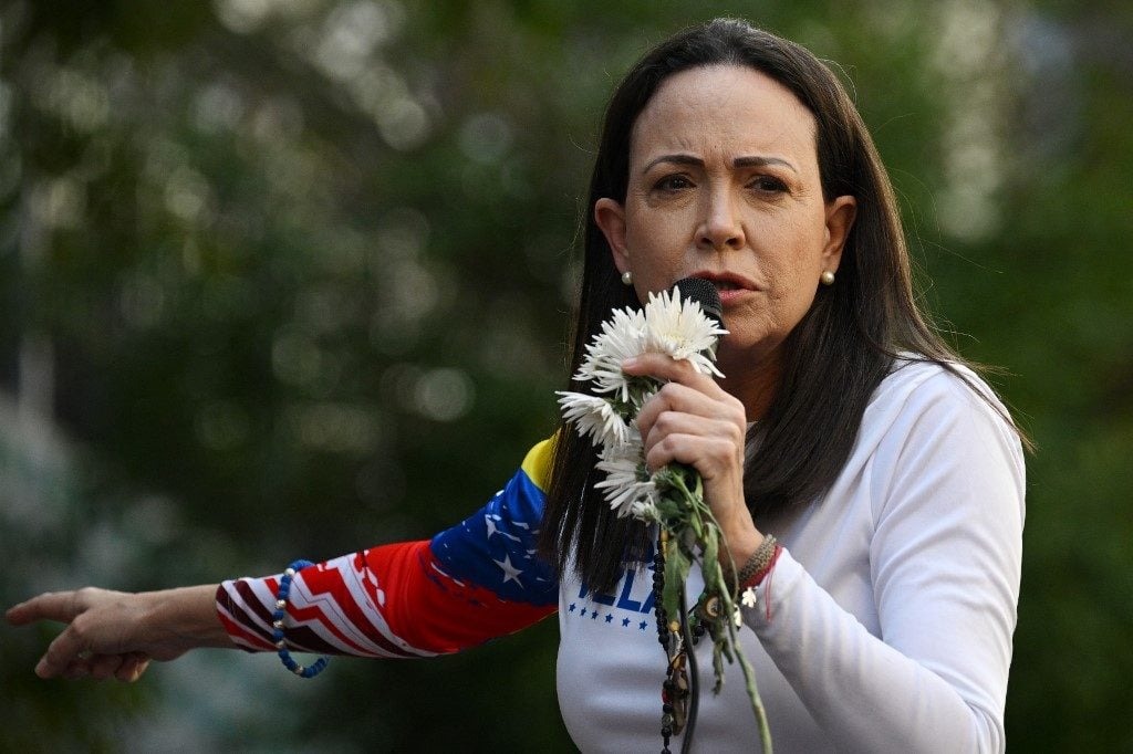 A líder oposicionista María Corina Machado, em manifestação em Caracas, em 9 de janeiro de 2025. Foto: Federico Parra/AFP