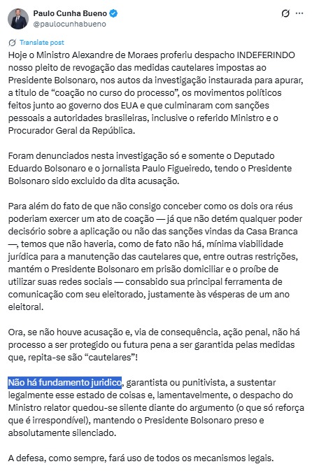 Defesa de Bolsonaro se pronuncia diante de decisão de Moraes de manter a prisão do ex-presidente