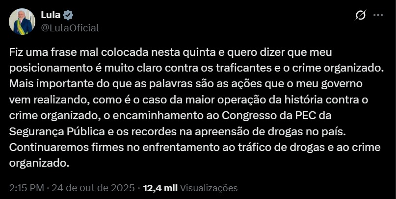 O presidente Lula tentou nesta sexta-feira (24) disfarçar a repercussão de uma declaração feita na Indonésia, durante coletiva em Jacarta, que chocou políticos e a sociedade.foto: Perfil de Lula no X