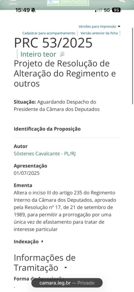 Sóstenes Cavalcante propõe mudança no regimento para permitir licença sem salário de até oito meses