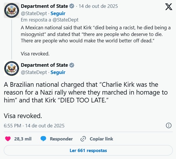 Departamento de Estado dos EUA revoga vistos de estrangeiros, incluindo um brasileiro, por celebrarem o assassinato do ativista Charlie Kirk.