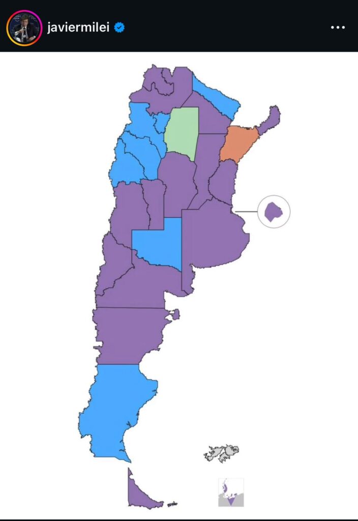 Mapa da Câmara Argentina; Em roxo, onde Milei ganhou. FOTO: Reprodução/Redes Sociais