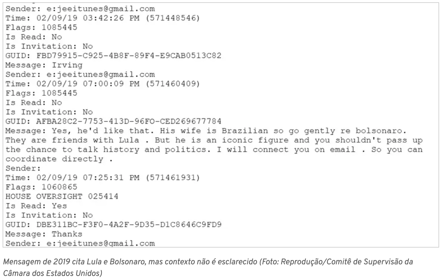 Epstein cita Bolsonaro em email