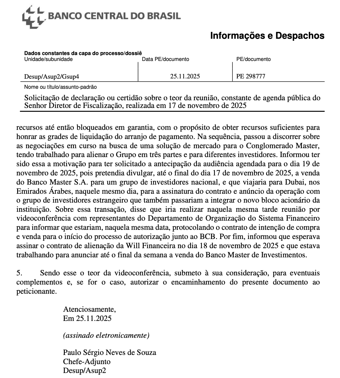 Em ofício, BC admite que estava a par de todas as negociações de Vorcaro