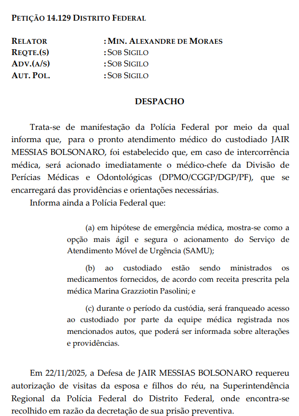 PF diz ao STF que Samu deve ser acionado em emergências de Bolsonarofoto: Reprodução