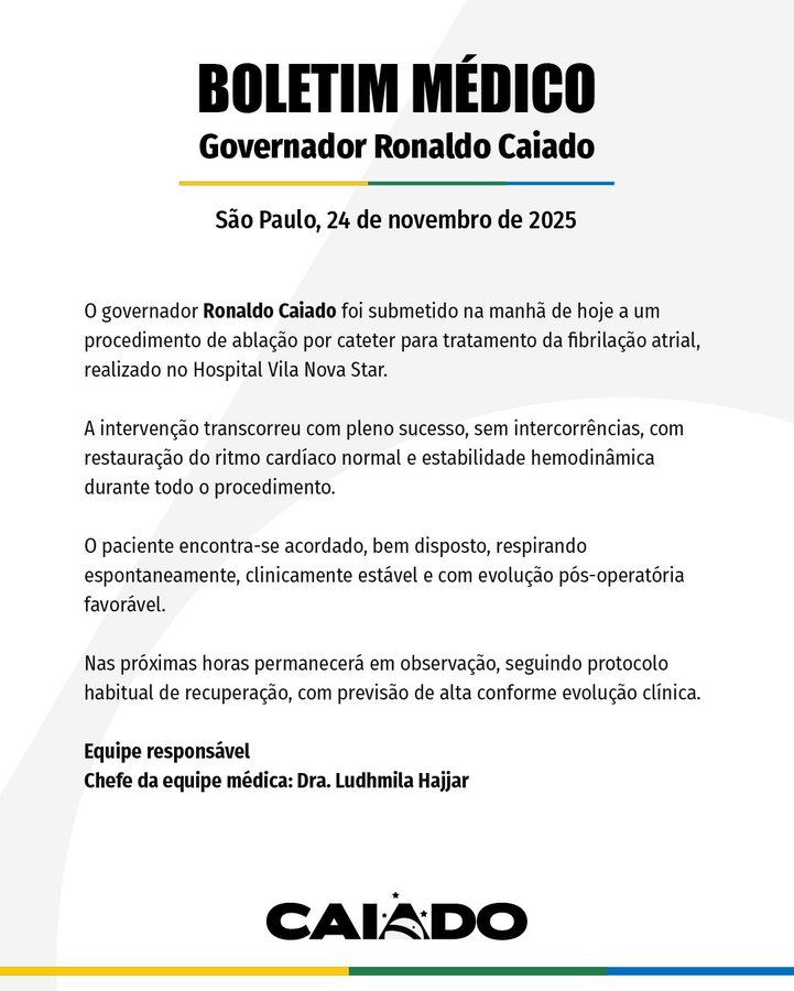 Caiado realiza procedimento cardíaco e passa bemfoto: Reprodução/ X