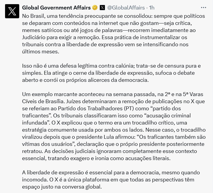 X acusa Justiça brasileira de censura e critica remoção de posts foto: X / twitter